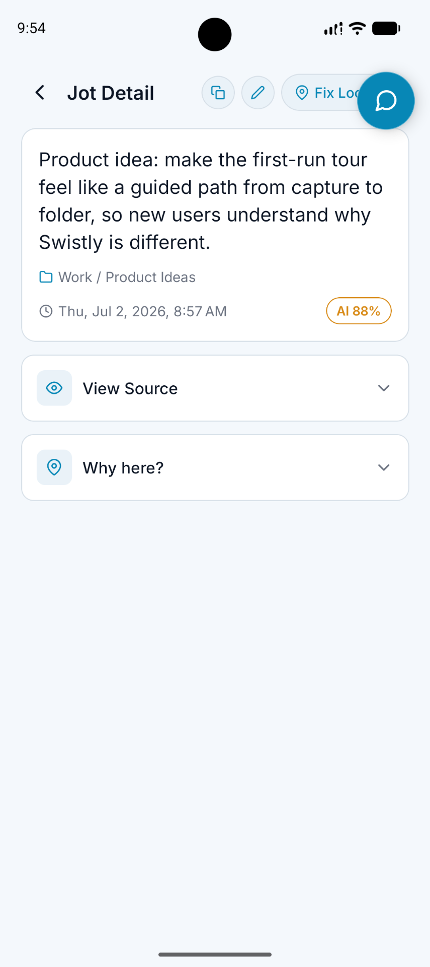 A.N.T. AI note detail showing a Work and Product Ideas folder path, source access, and location controls