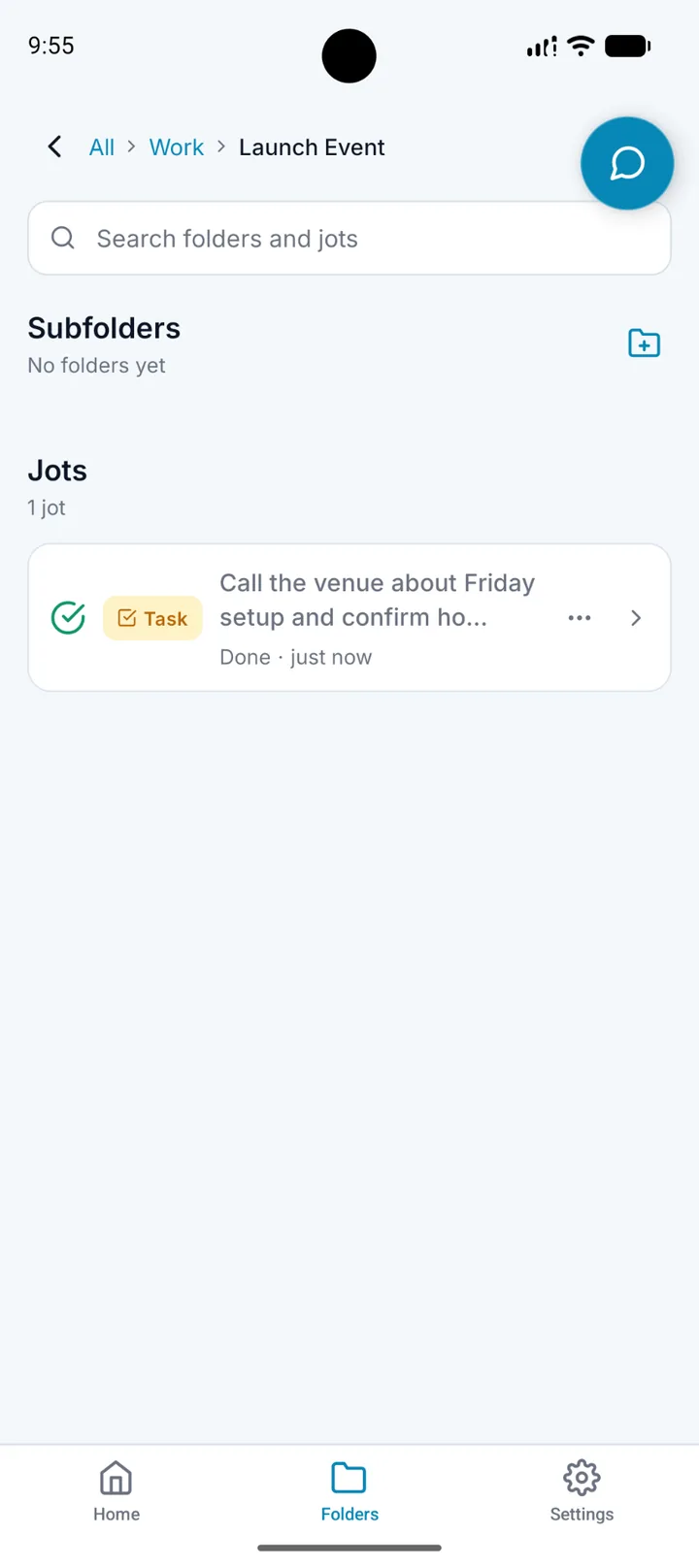 A.N.T. AI folder screen showing a launch event task filed under Work and Launch Event